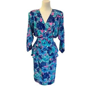Vintage Jonathan Martin Floral Peplum  Dress 80s Office Siren Mermaidcore 11 12